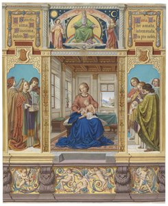 Jomfru Maria, Jesu mor, siddende i et værelse, omgivet af engle, der spiller musik